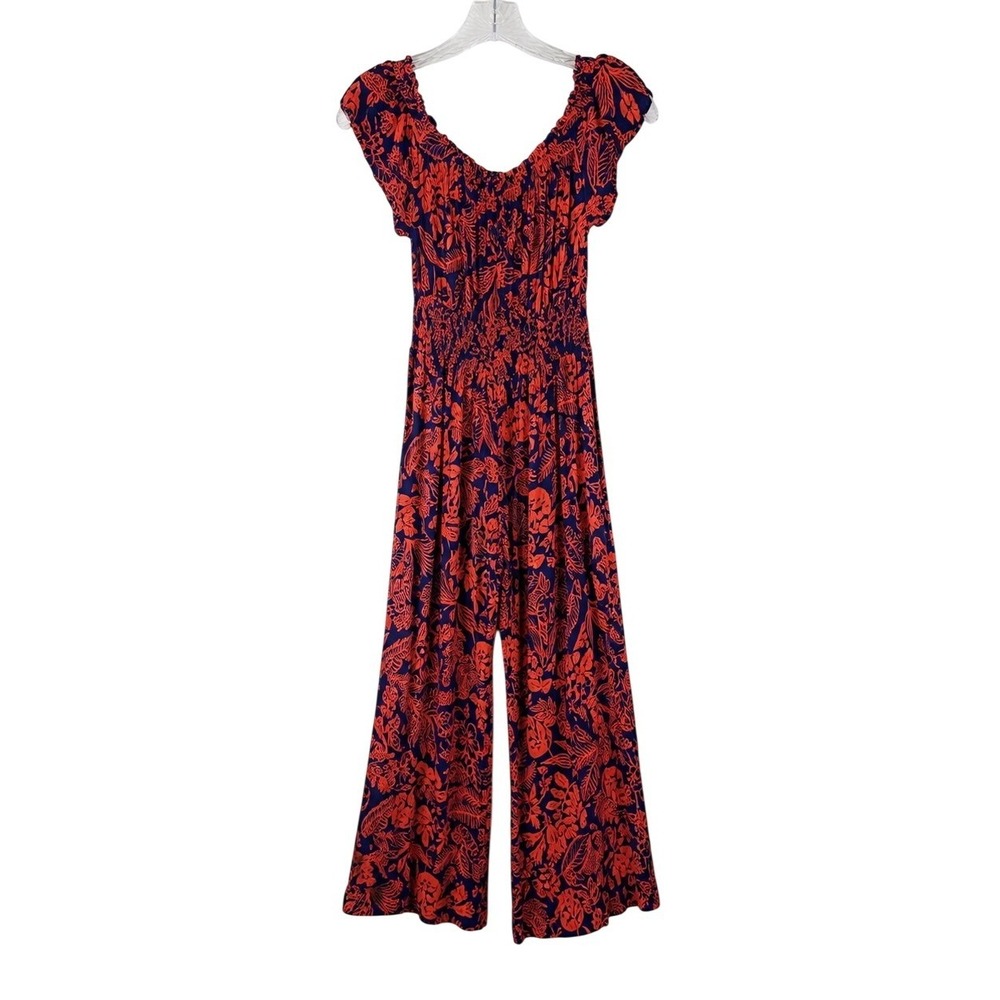 Patrons of Peace Floral Jumpsuit XS Navy Orange Tropical Smocked Wide Leg Boho - Picture 2 of 3